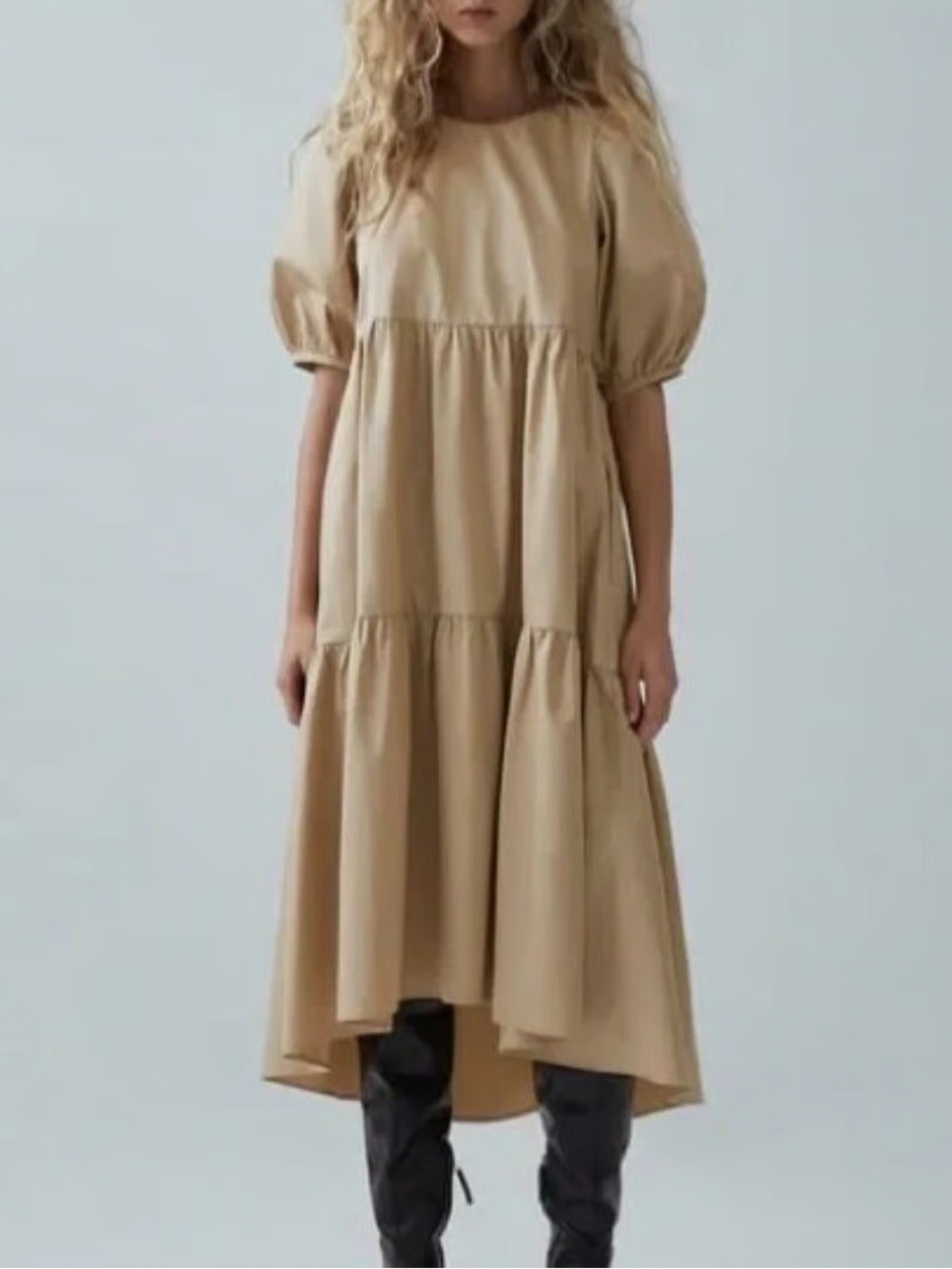 Zara Beige Asymmetrical Puff-Sleeve Tiered Dress